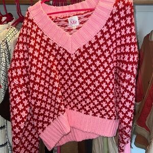 ME Makeover Essentials Pink & Red Houndstooth V-Neck Sweater